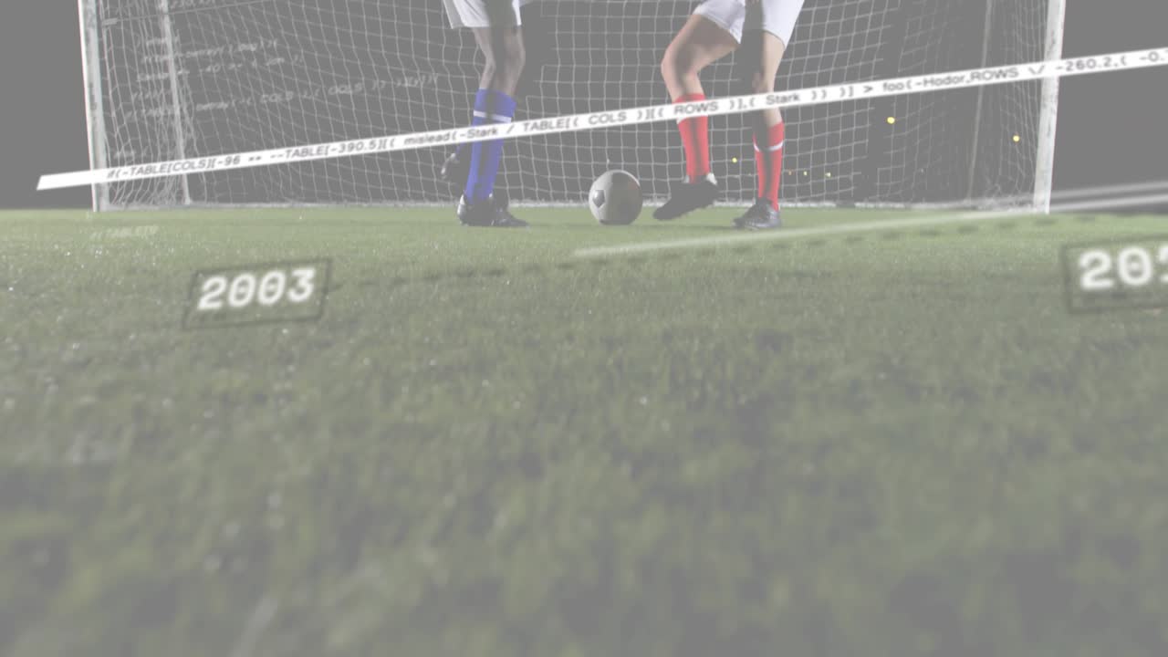 Data overlay sliding sparking white red attacker on pitch feinting with year markers for analytics