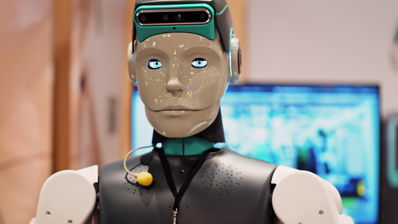 Cannes, France - February 15, 2025: Humanoid robot with a sleek black and white body, and glowing blue eyes, standing at conference