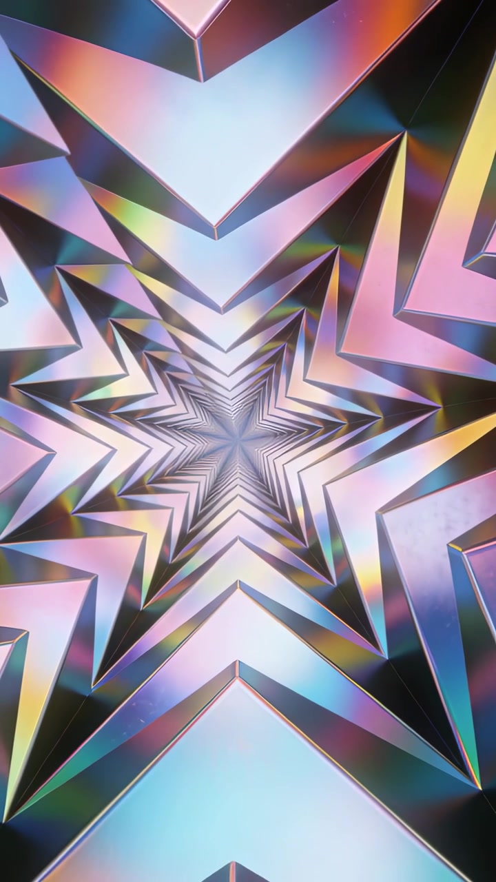 Video verticale: Stella sfaccettata pulsante che reagisce ai fotogrammi, che si ritira in un prisma con sfaccettature iridescenti.