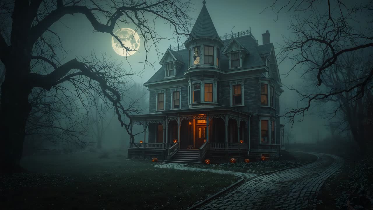 Niebla arremolinada que envuelve una mansión victoriana en un claro de luna llena, calabazas talladas parpadeantes en el porche