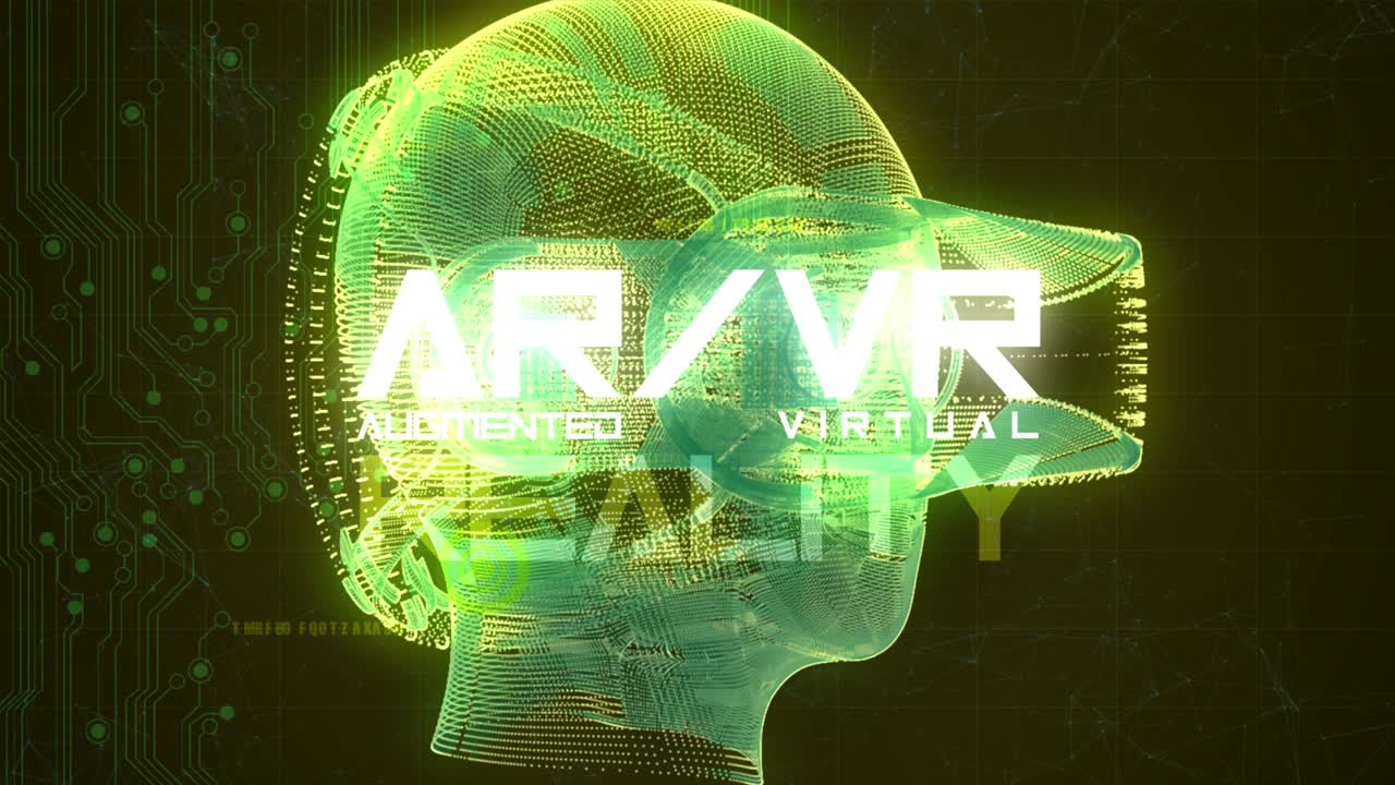 impresionante animación gráfica vfx que representa tecnología emergente en el espacio de realidad aumentada de realidad virtual, con cabeza giratoria con gafas vr, diseño de plexo abstracto, en esquema de color amarillo