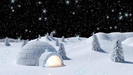 Animation-of-snow-falling-over-igloo-in-winter-landscape