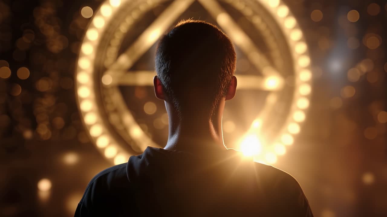 Silhouette stands before glowing, mysterious circular structure. Backlit by warm, golden light, the figure appears contemplative. Radiant beams and soft bokeh create an ethereal