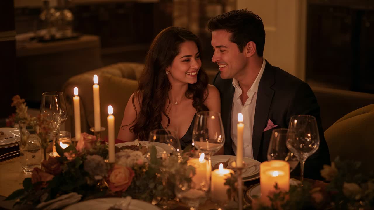 Smiling couple leaning closer as candles glowing at dining table for date night, wearing formalwear