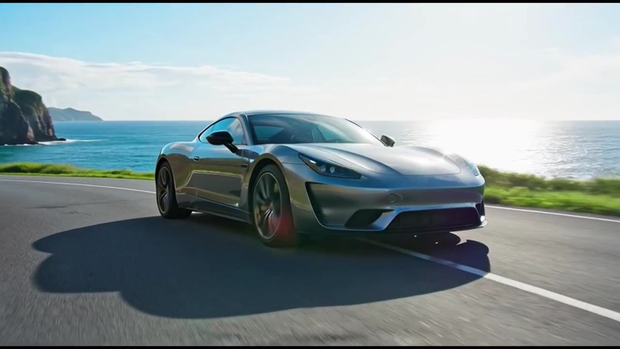 Coche deportivo plateado circulando por una carretera costera panorámica