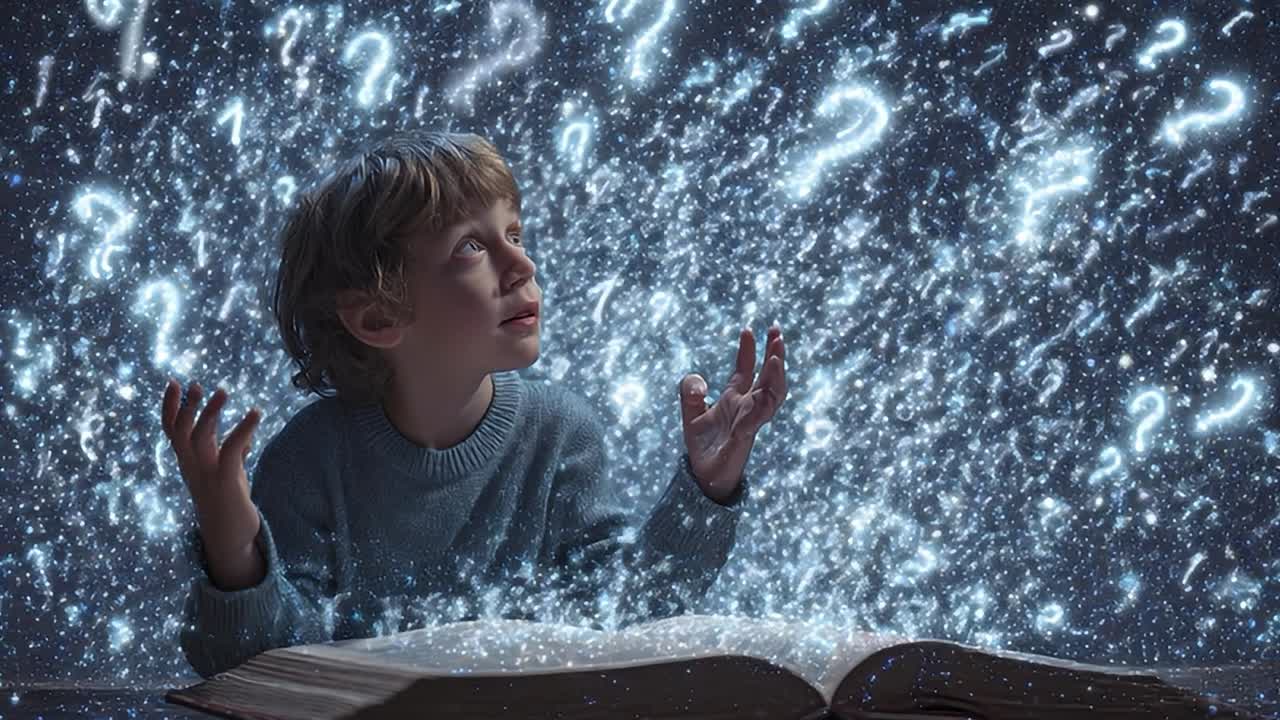 Bambino che esplora l'immaginazione attraverso punti interrogativi e un libro