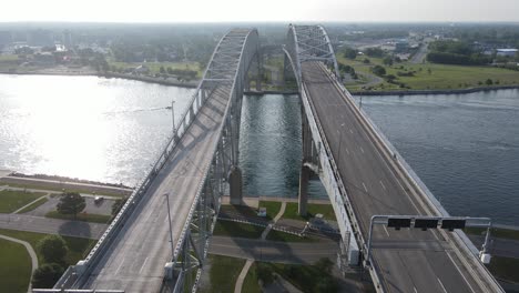 aerial view of empty lanes on blue water bridge, port huron michigan, usa