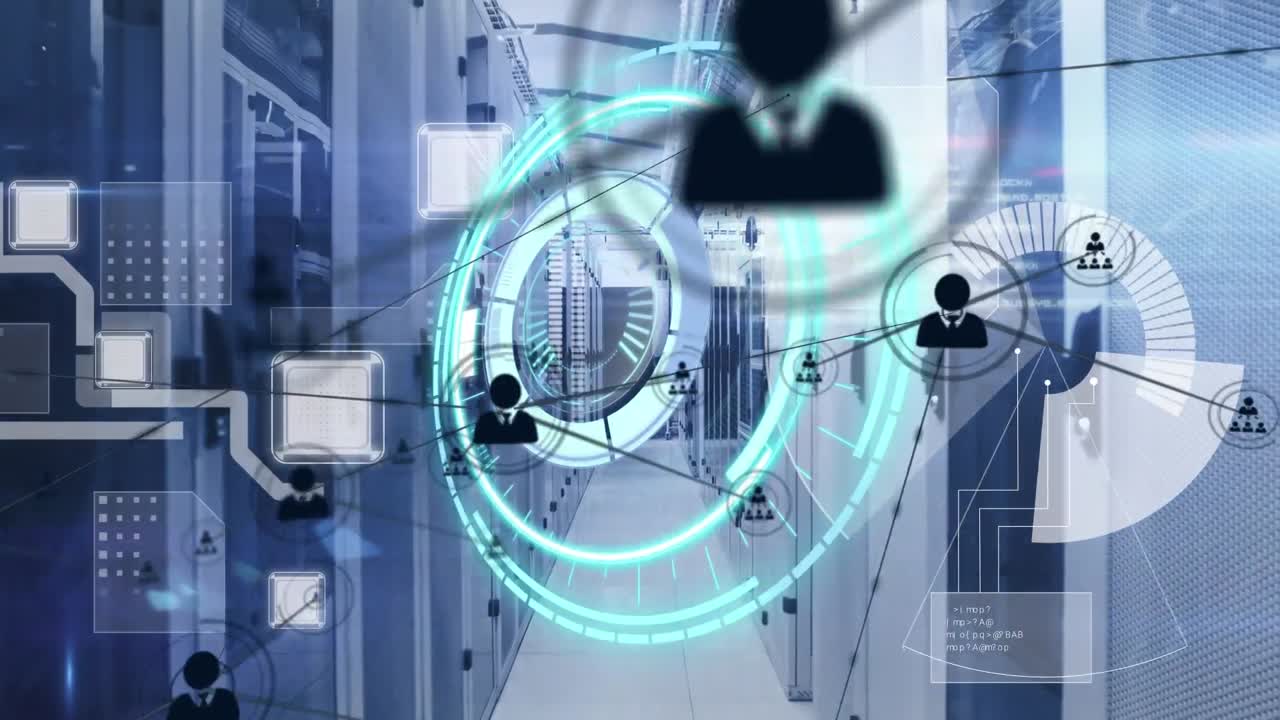 animación de la red de conexiones con iconos y escaneo de alcance sobre la sala del servidor