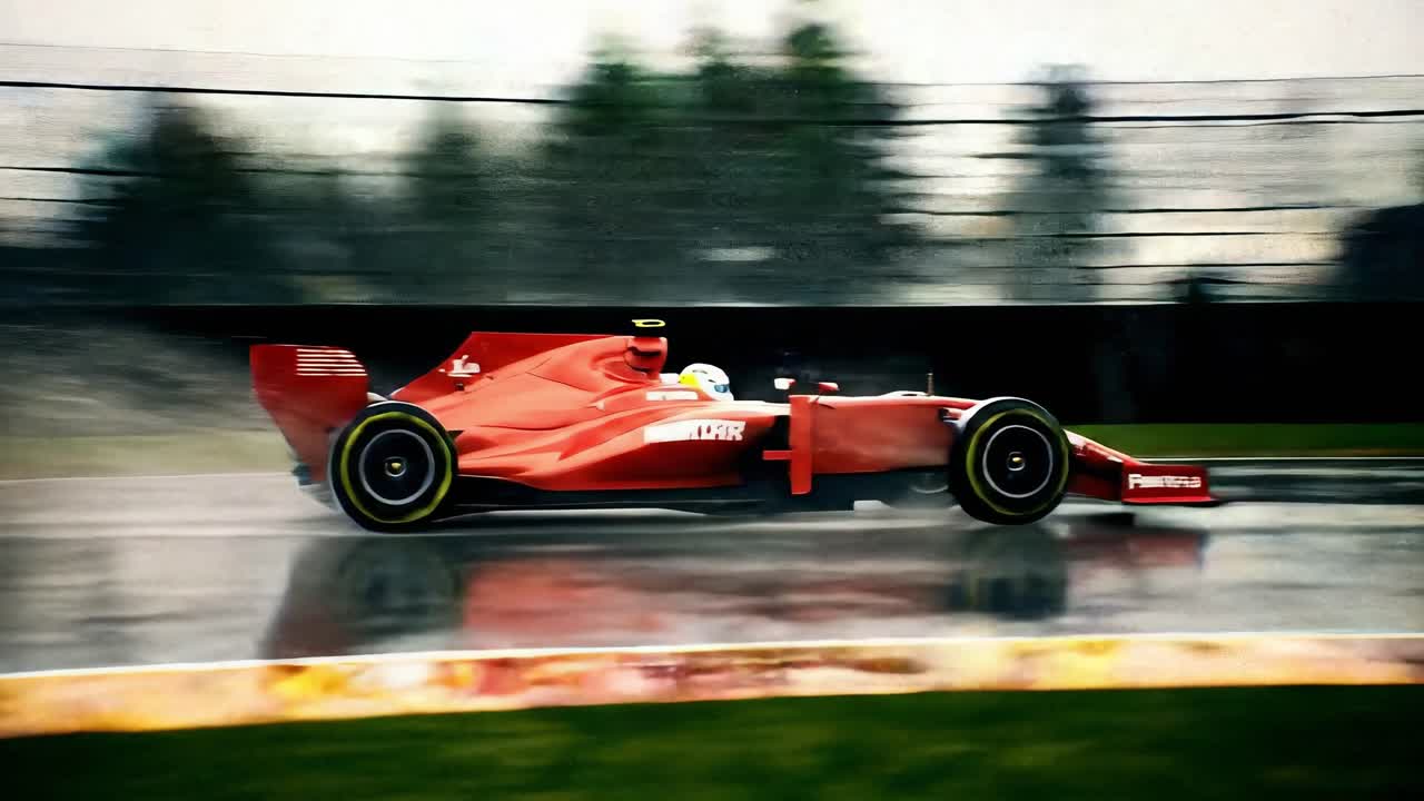 Dynamic side-angle video of a red race car speeding on a wet track, capturing motion and intensity