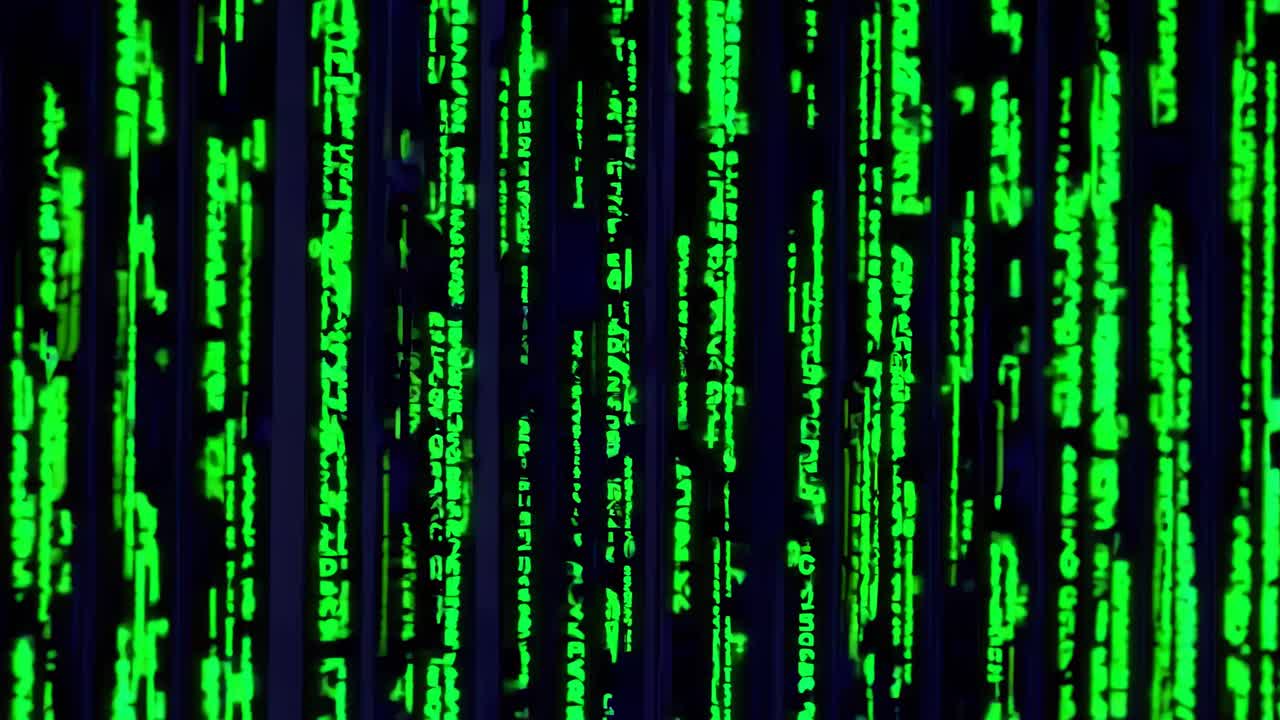 A close-up, vertical angle of green digital code cascading on a black screen, reminiscent