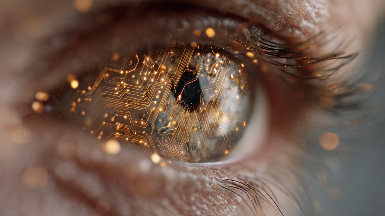 Exploring the Fusion of Technology and Humanity: A Close-Up of an Eye Embedded with Digital Circuitry and Radiant Particles Reflecting Innovation and Insight