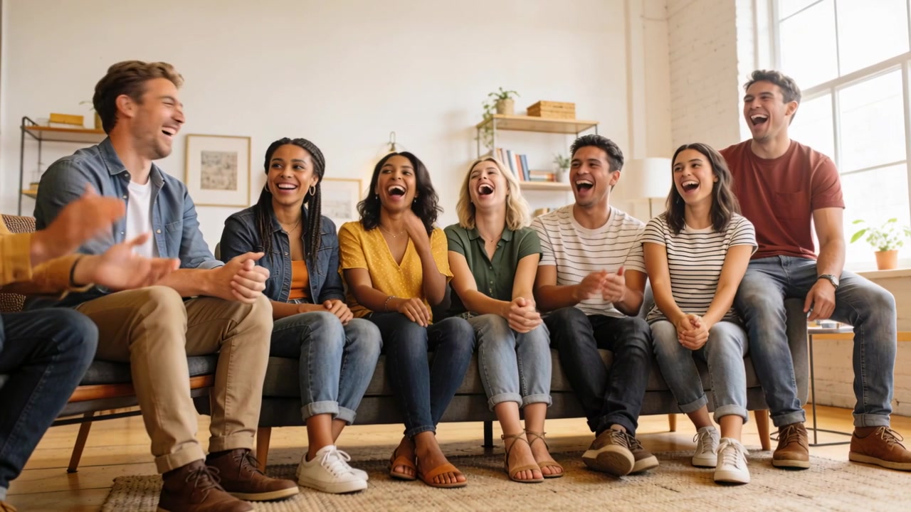 Talking man starting to tell story to entertain friends on long sofa near window, group laughing