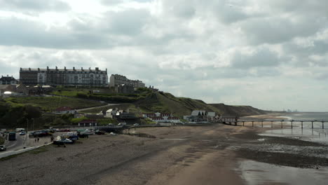 aerial dolly close up of victorian seaside town in north yorkshire