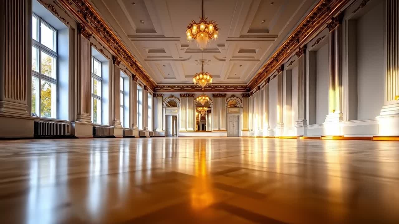 A large room with a chandelier in the middle of it