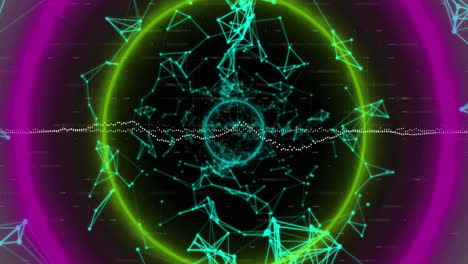 animation of circular neon shapes in seamless pattern against network of connections