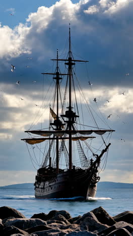 Dramatic Silhouette of a Tall Ship Under a Cloudy Sky with Soaring Seagulls