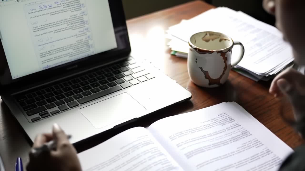 Focused Study Session: Engaging with Digital and Physical Resources While Enjoying a Warm Beverage During a Productive Academic Experience