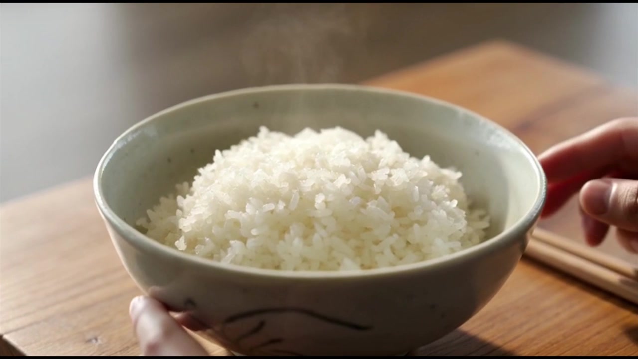 木製のテーブルに置かれた、湯気の立つ炊きたての白いご飯の茶碗