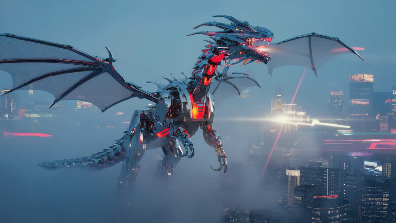 Cyberpunk Mechanical Dragon Overlooking Cityscape