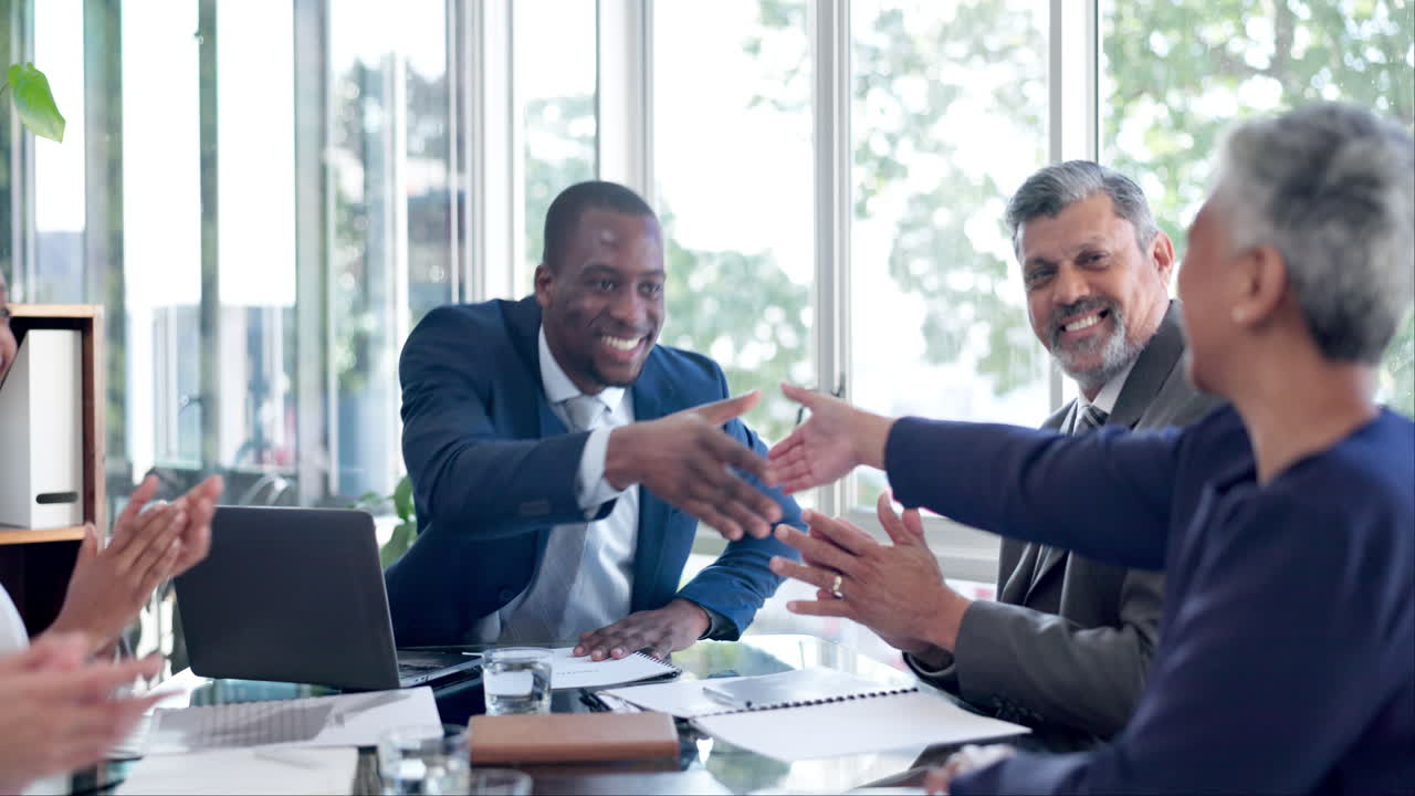 Black man, handshake and business people