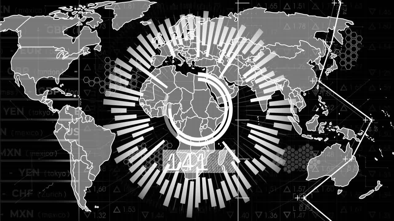 Animation of world map with circular data and financial graphs overlay