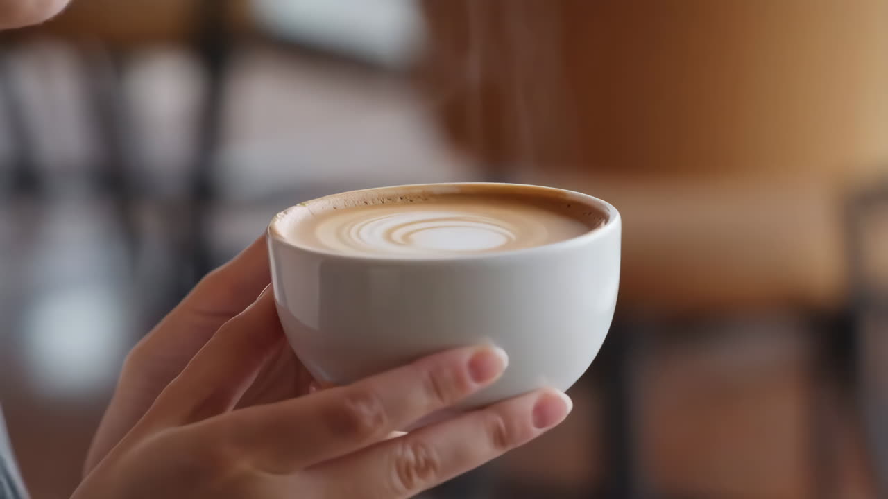 en person holder en kop kaffe med latte art