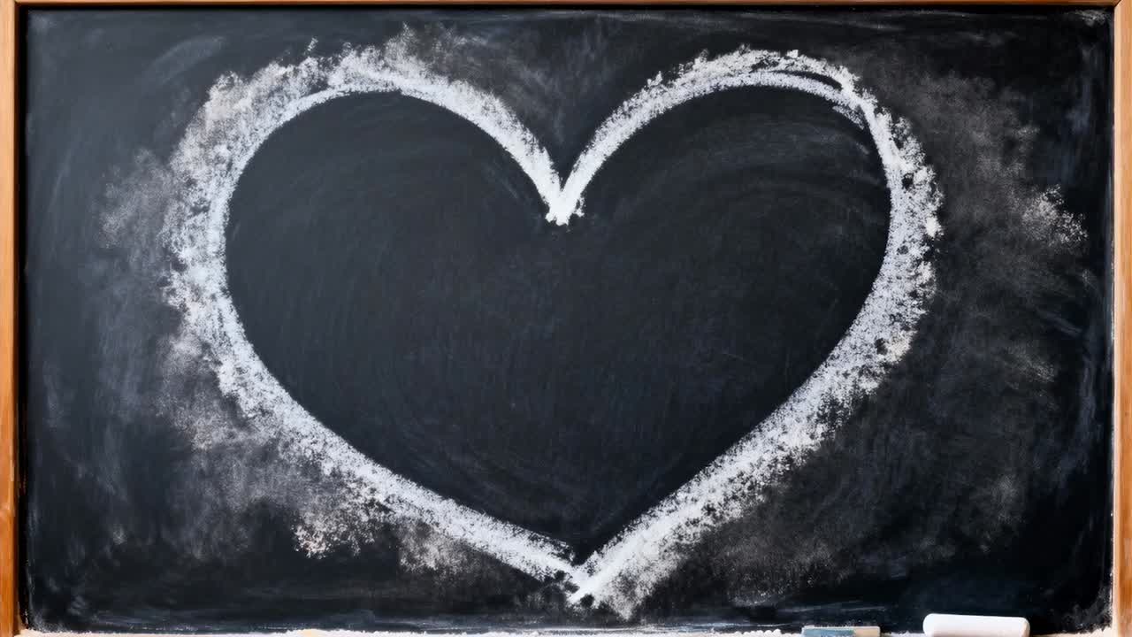 Panning camera revealing wood frame blackboard on wall to show chalk heart, chalk stick, smudges