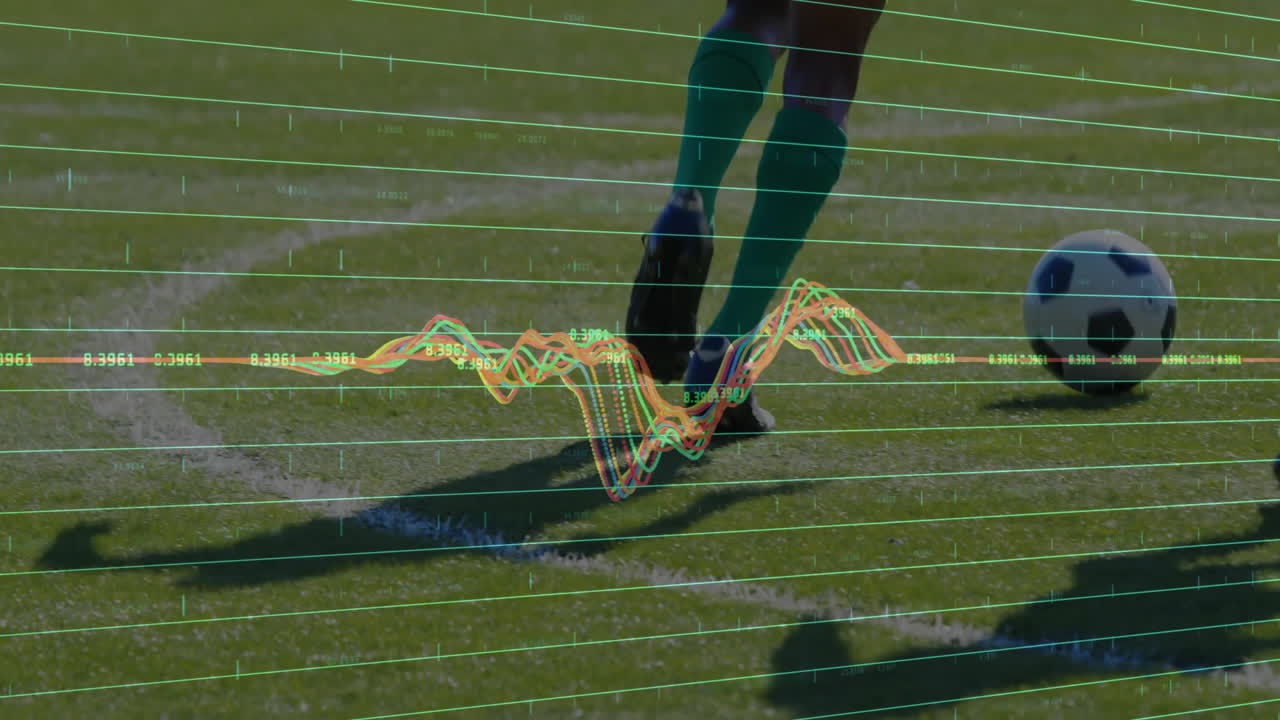 Soccer players on field with performance data analysis animation over them