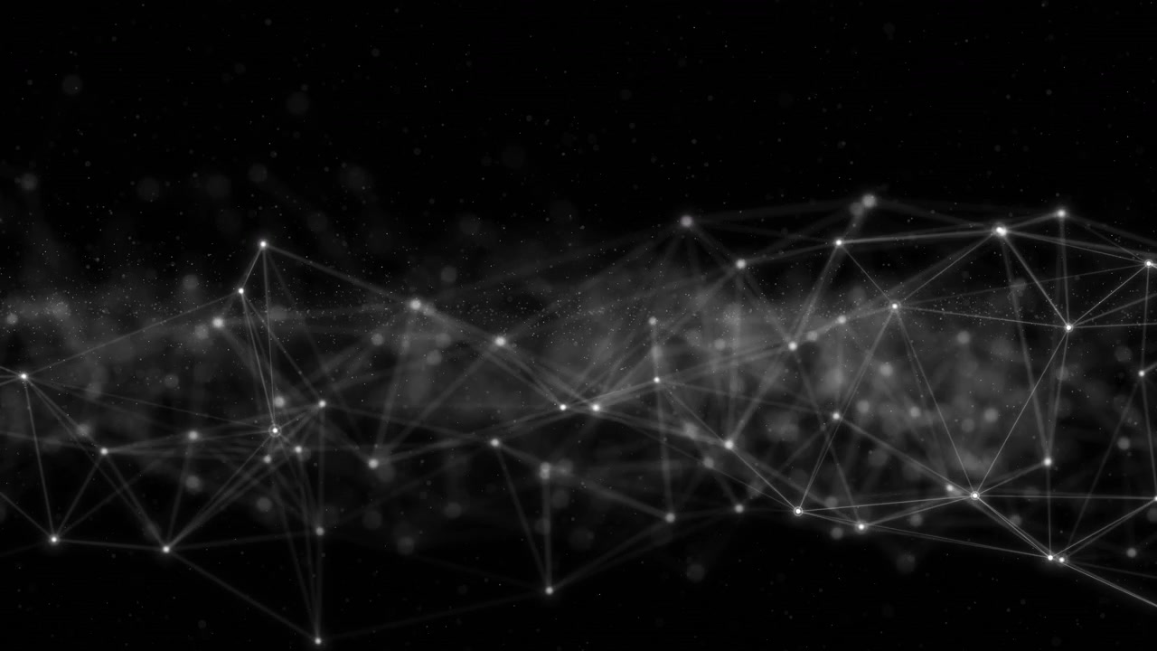 Monokrom tilkoblet node-visuell med lyse punkter, polygonnett, røykfylte partikler og svart bakgrunn.