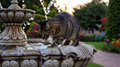 cat drinking from a fountain in a garden