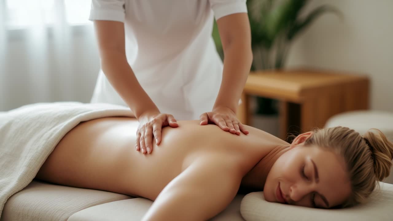 Client entering spa room, lying on massage table, therapist in uniform kneading back for relaxation