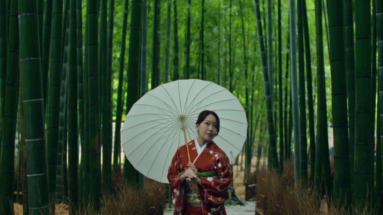 Japanese Woman in Kimono in a Bamboo Forest