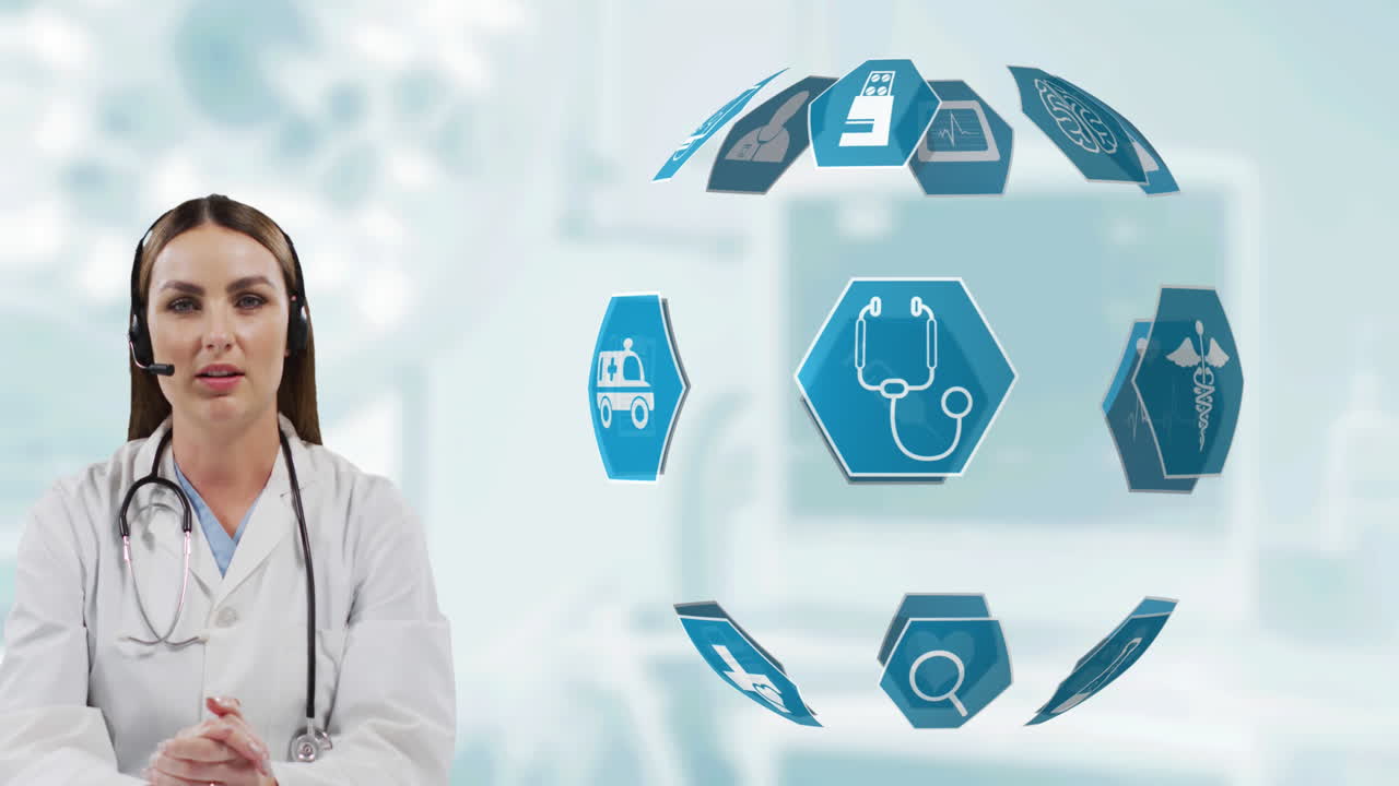 Portrait of caucasian female doctor wearing phone headset talking against globe of medical icons