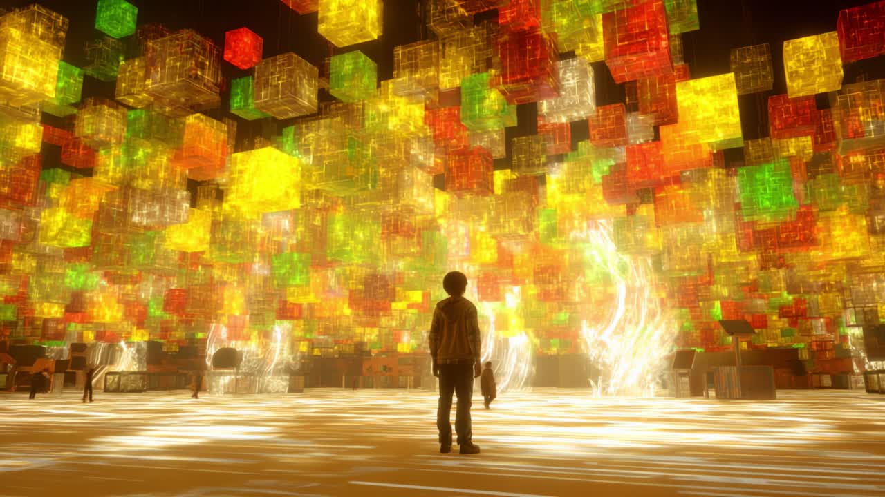 A captivating scene featuring a young figure standing in awe amidst a vibrant explosion of colorful, translucent cubes illuminating a large, immersive space with a magical vibe