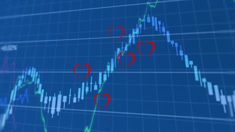 Animation-Von-Finanzdiagrammen-über-Herzen,-Die-Auf-Blauem-Hintergrund-Schweben