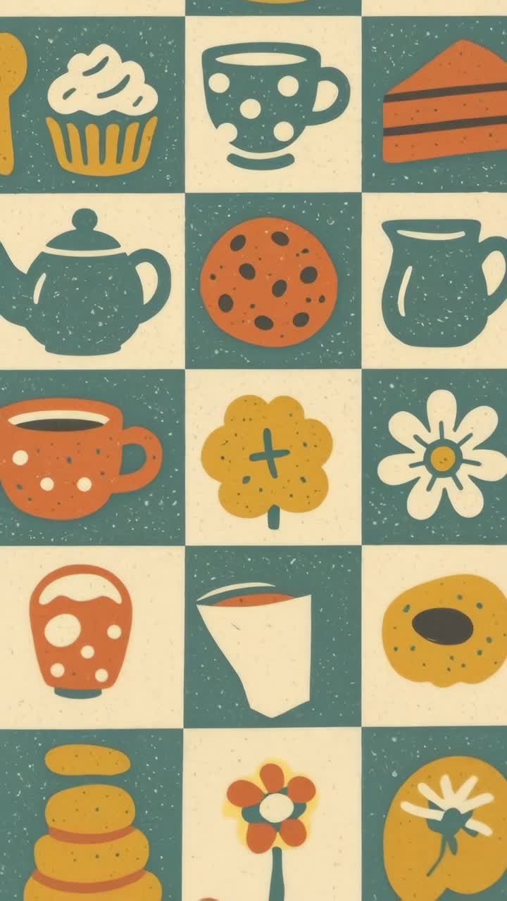 Top-down view of a retro-style grid featuring coffee, tea, and dessert icons