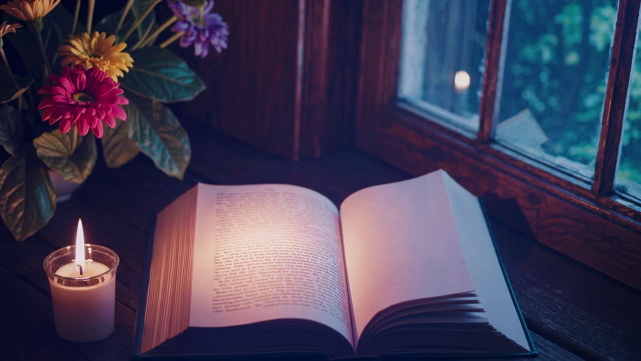Scena video accogliente con un libro aperto, una candela e dei fiori vicino a una finestra