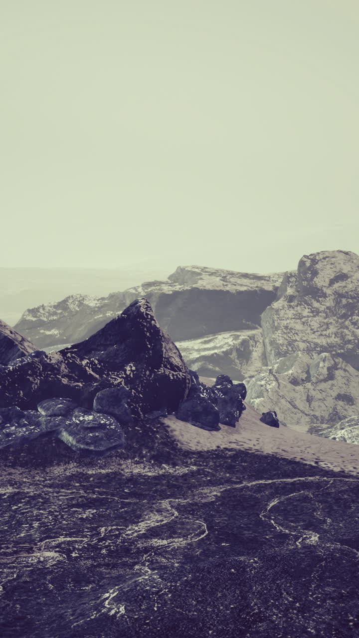Unique rocky formation under a hazy sky in a remote landscape at twilight