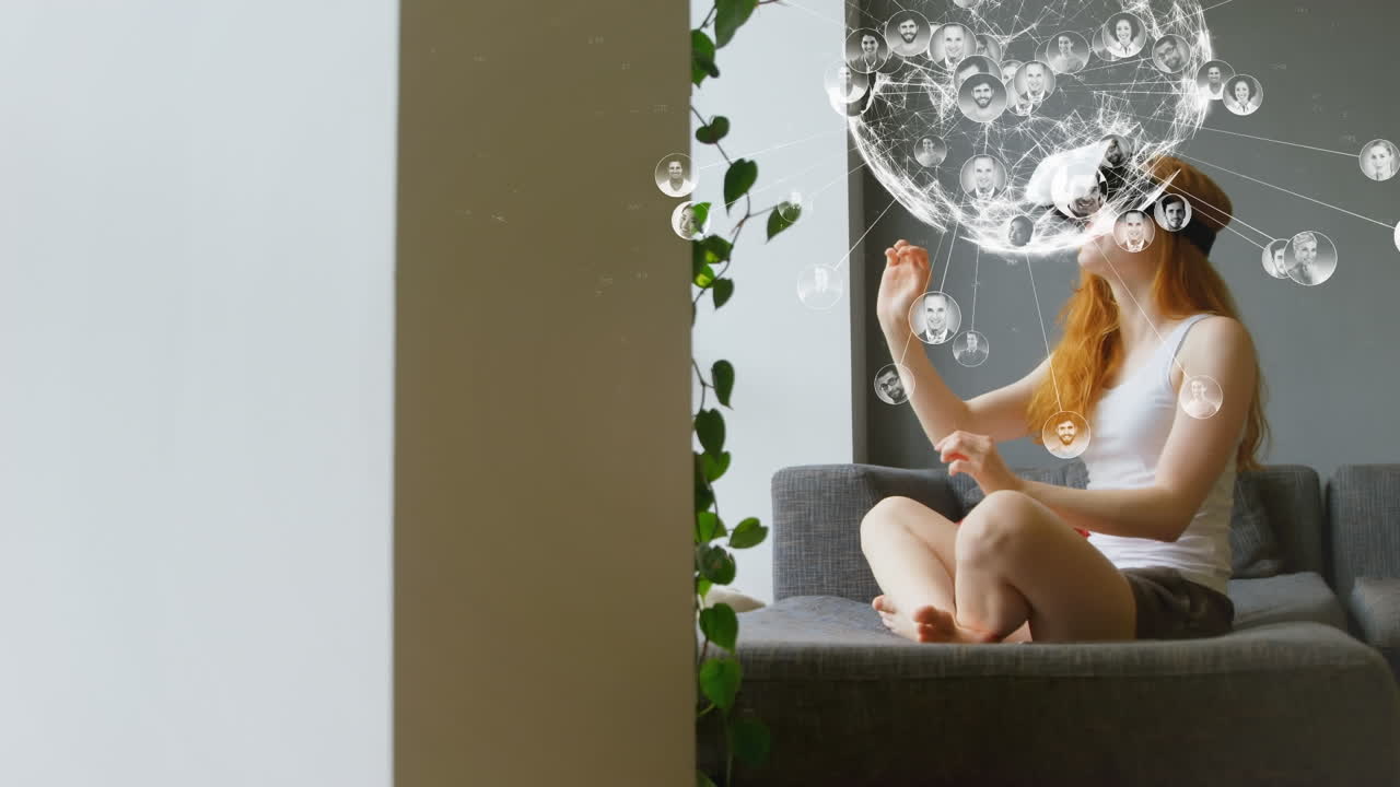 анимация глобуса с сетью соединений и фотографиями людей над женщиной с помощью vr-гарнитуры