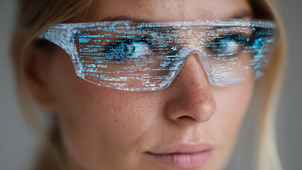 Exploring the Future: A Close-Up on a Young Woman Wearing Smart Glasses Displaying Enhanced Digital Information and Data Visualizations