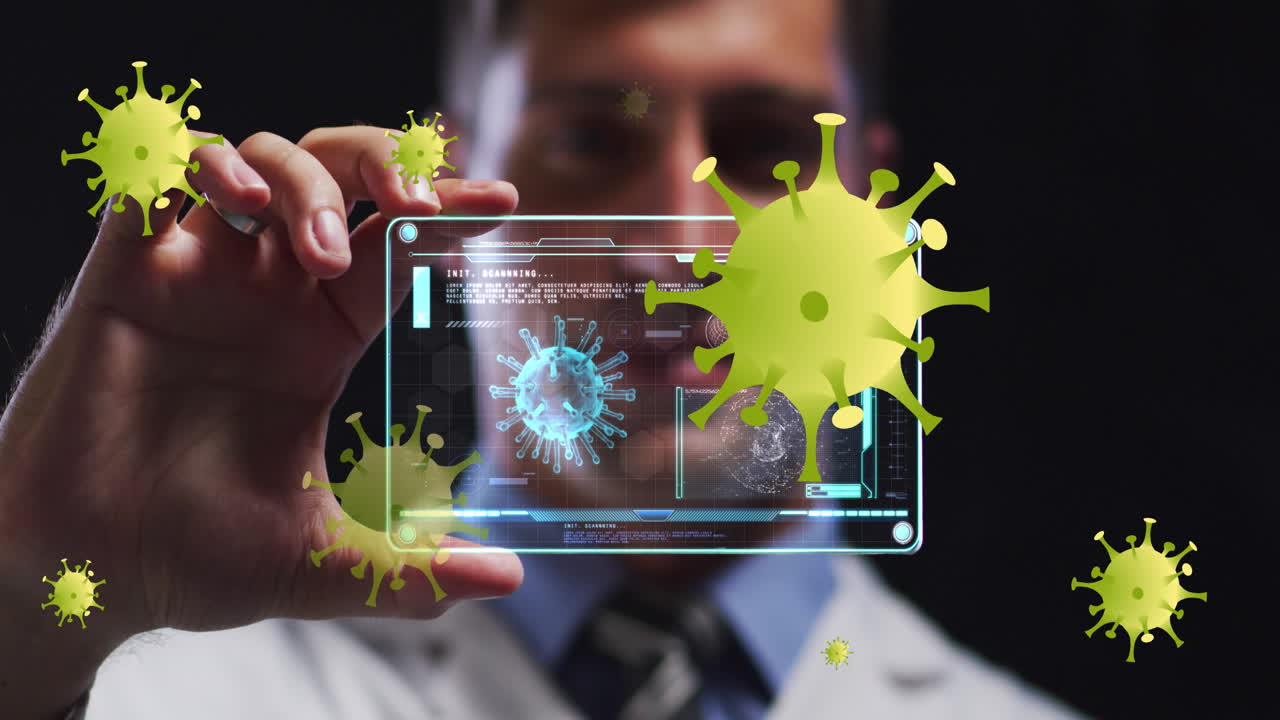 animación de la caída de las células de covid-19 sobre el hombre usando tableta