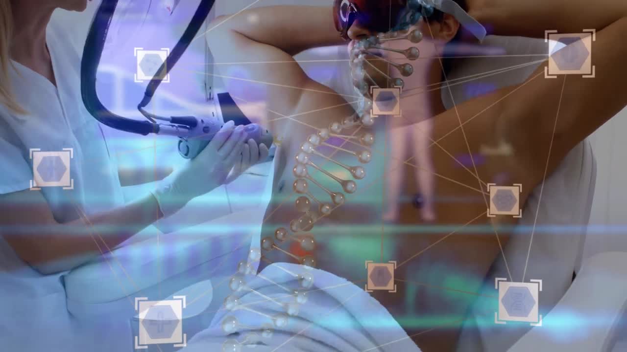 animación de adn e iconos sobre diversos pacientes varones y doctores durante el tratamiento con láser