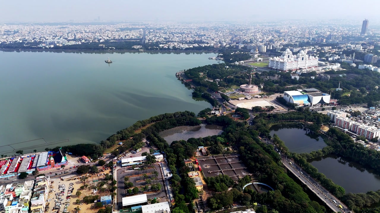 Cinematic footage of Hyderabad's most famous area, the Ambedkar Statue, and the Dr. B.R. Ambedkar Telangana Secretariat built after the bifurcation of Andhra Pradesh to form the new state of Telangana