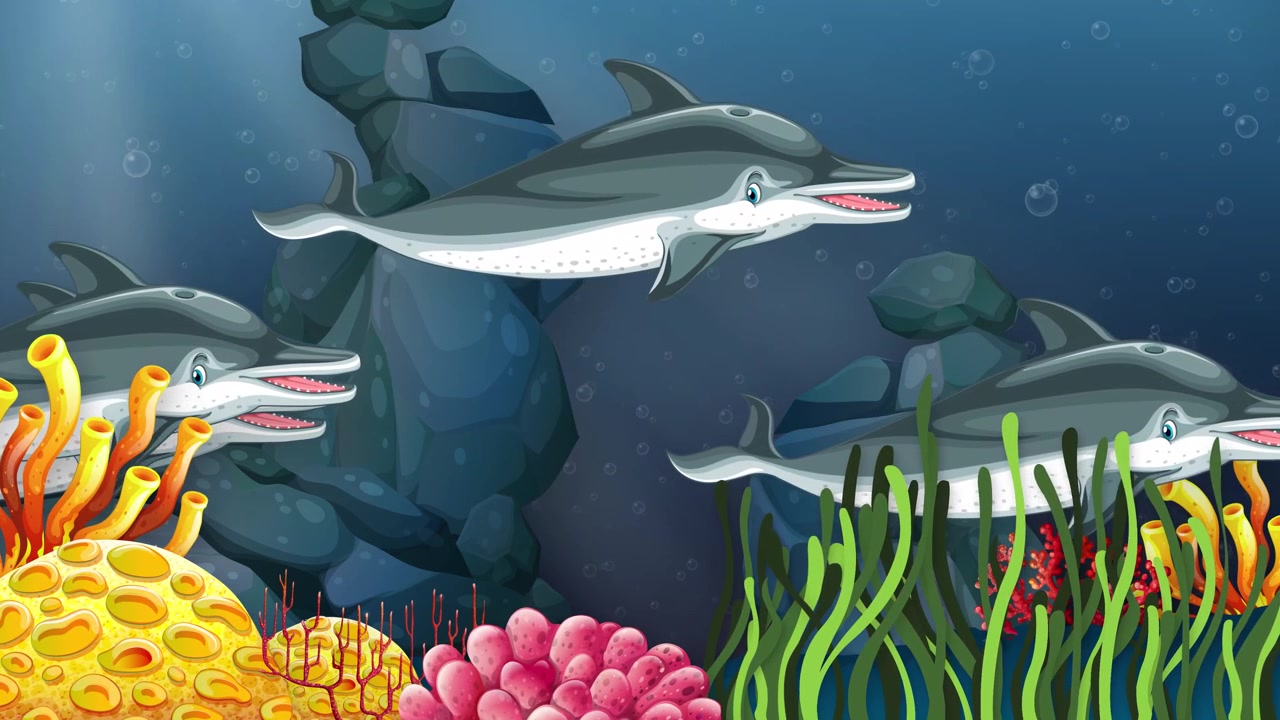 Delfini animati nuotano attraverso una vibrante barriera corallina con raggi di sole e colorata vita marina