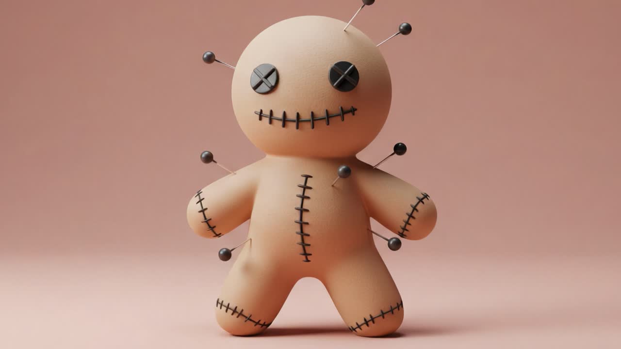 A Charming and Eerie Voodoo Doll Figurine with Pins and Stitches, Showcasing Cute Yet Creepy Aesthetics Set Against a Soft Pink Background