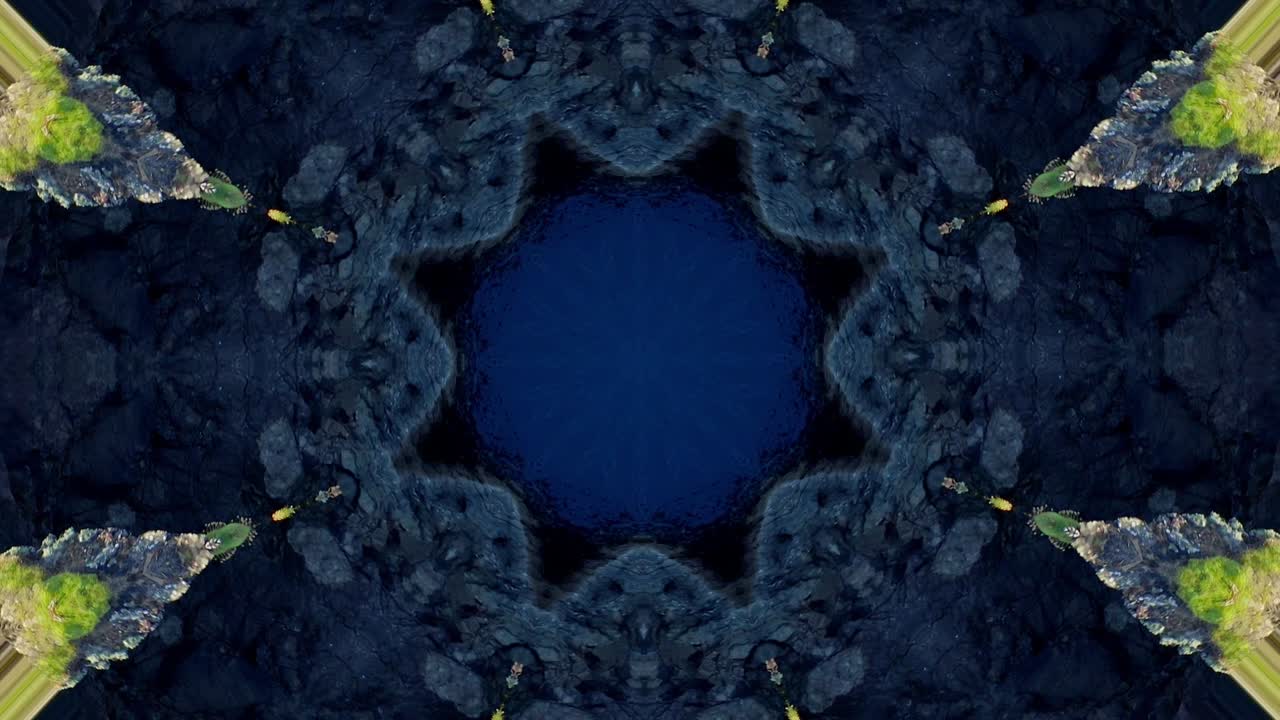 arte del caleidoscopio. rocas, hierba del cielo azul, acantilado