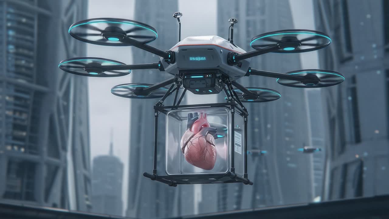 Futuristic Drone Transporting Human Heart in Urban Landscape: A Glimpse into Advanced Medical Technology and Urban Innovation for Emergency Care and Organ Delivery
