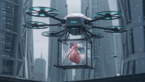 futuristic drone transporting human heart in urban landscape: a glimpse into advanced medical technology and urban innovation for emergency care and organ delivery