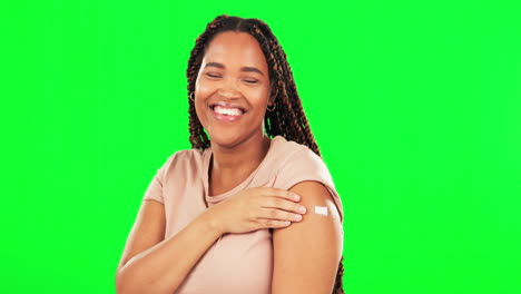 Vaccination,-green-screen-and-face-of-happy-woman