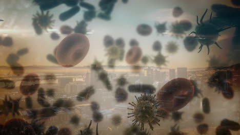 animation of corona virus with city in background